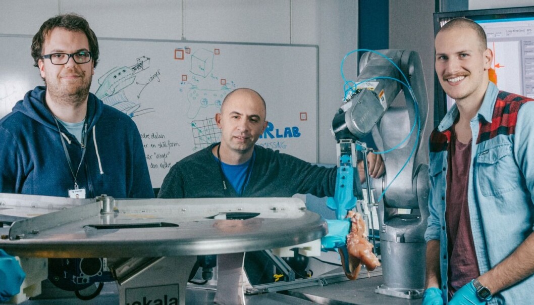 This is the team behind the robot "Gribbot ", who has a special eye for chicken. From the left: Elling Ruud Øye, Ekrem Misimi and Aleksander Eilertsen at SINTEF. (Photo: TYD/SINTEF) This is the team behind the robot "Gribbot ", who has a special eye for chicken. From the left: Elling Ruud Øye, Ekrem Misimi and Aleksander Eilertsen at SINTEF. (Photo: TYD/SINTEF)