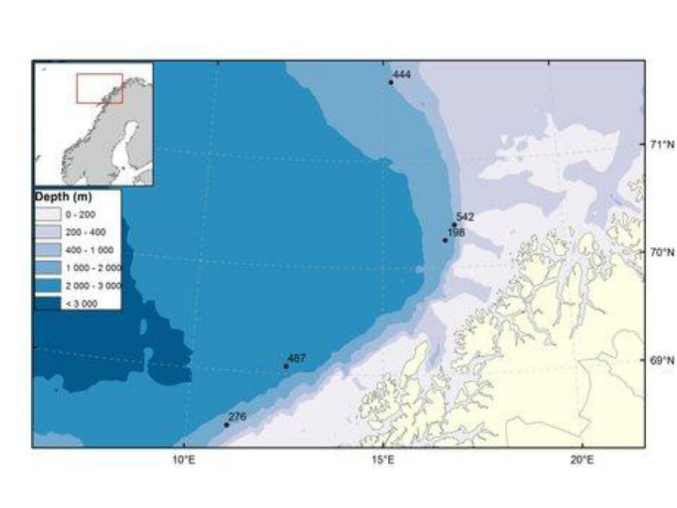 The five MAREANO stations where the new species, Halirages helgae, was found. All of the stations lie at depths of more than 1,000 metres. (Map: Kjell Bakkeplass, IMR)