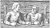 Illustration från Harald Hardr Brasilides saga. Det visar inte sarkastisk Halli, men Harald och Svein som satt och drack.