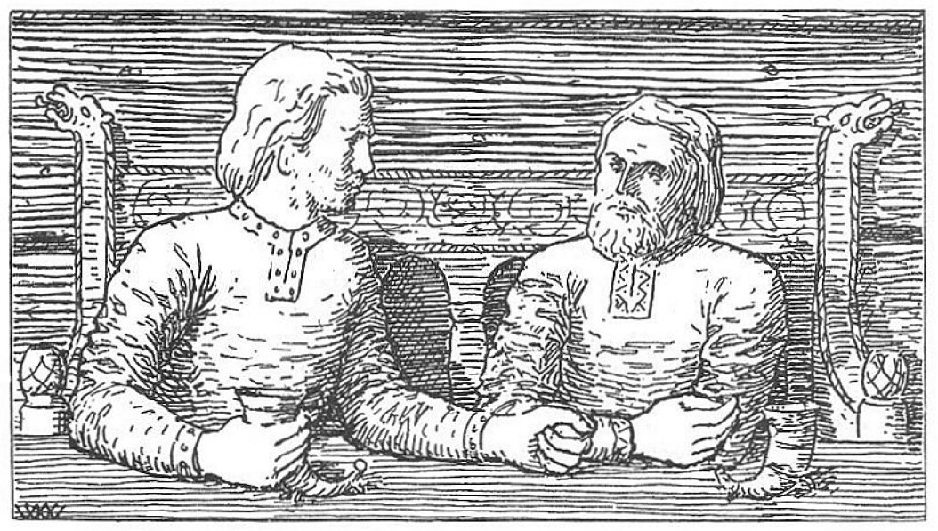 Illustration aus Harald Hardrådes Saga. Es zeigt nicht sarkastisch Halli, aber Harald und Svein, die saßen und tranken.