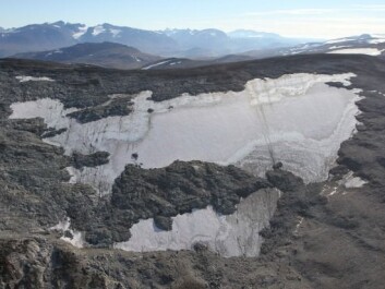 Lendbreen in Oppland County is one of Norwegian glaciers that hides archaeological treasures. The picture is taken from a helicopter during the field season of 2014. (Photo: Oppland county) Lendbreen in Oppland County is one of Norwegian glaciers that hides archaeological treasures. The picture is taken from a helicopter during the field season of 2014. (Photo: Oppland county)
