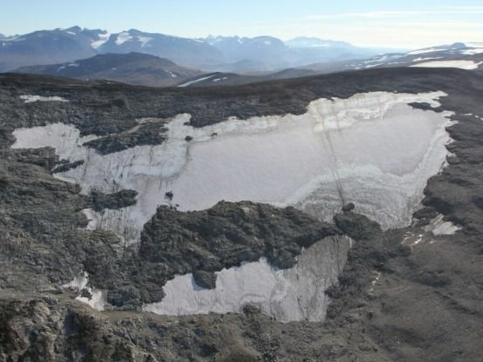Lendbreen in Oppland County is one of Norwegian glaciers that hides archaeological treasures. The picture is taken from a helicopter during the field season of 2014. (Photo: Oppland county)
