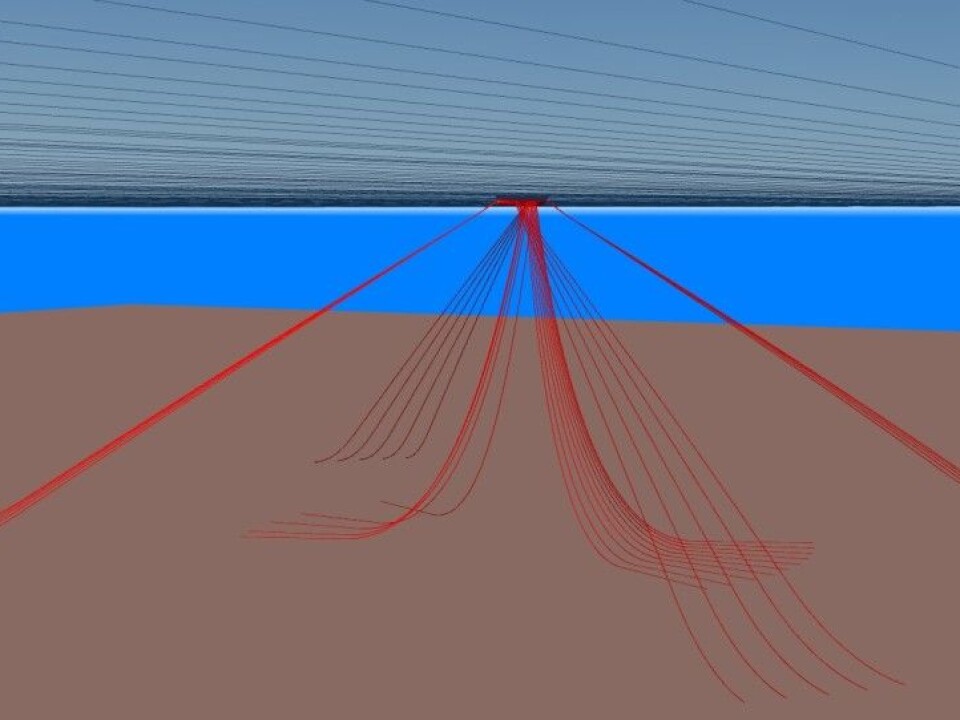 The figure show the risers connecting the well at seabed to the platform. The mooring lines, which keep the platform in the right place, are also shown. The mooring lines are the outer lines in the figure. (Illustration: Sintef)