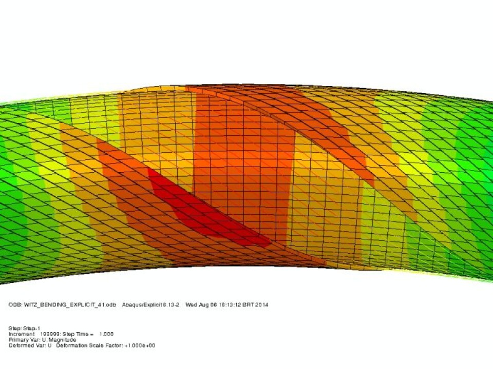 The figure shows the deformations of one of the layers of a flexible riser. It is the result of a simulation run by Caire and illustrates “the tough life” of a riser. (Illustration: Sintef)