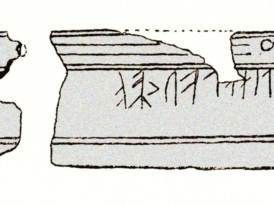 Bone knife with runes found in a grave in Fløksand in northern Hordaland county, Norway. The inscription reads: lina laukaRa. In ancient folklore onion was a protection against disease and spells. The runes on the blade were probably spoken in a phallic ritual. (Illustration: NIæR, Norges Innskrifter med de ældre Runer (Inscriptions in the Elder Futhark))