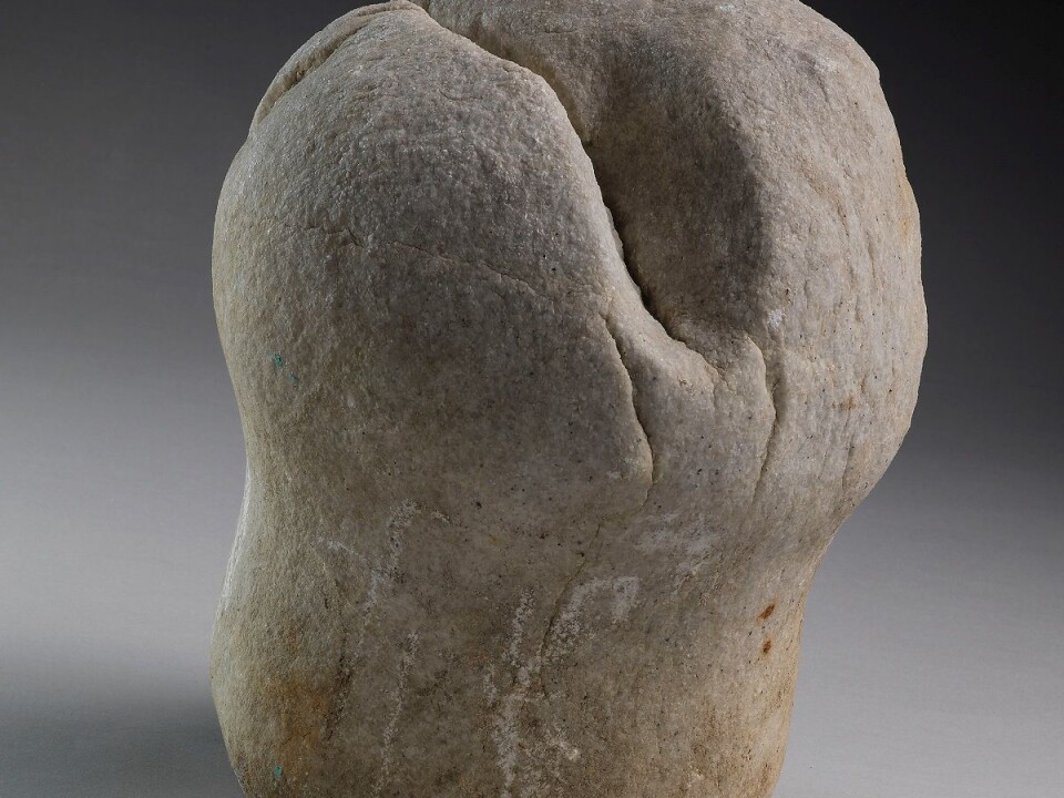 Stone phallus in white marble found at Kvernes stave church in Averøy in Møre og Romsdal county, Norway. (Photo: Åge Hojem, NTNU University Museum)