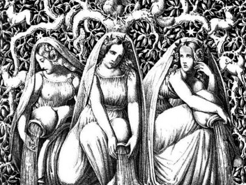 Urd, Verdande and Skuld, also called Norns in Norse mythology, are the three goddesses of destiny. They sit in Åsgård at the roots of the world tree Yggdrasil. One of their tasks is to pour white sand over the tree roots. (Illustration: Die Helden und Götter des Nordens, oder Das Buch der Sagen. G. Gropius) Urd, Verdande and Skuld, also called Norns in Norse mythology, are the three goddesses of destiny. They sit in Åsgård at the roots of the world tree Yggdrasil. One of their tasks is to pour white sand over the tree roots. (Illustration: Die Helden und Götter des Nordens, oder Das Buch der Sagen. G. Gropius)