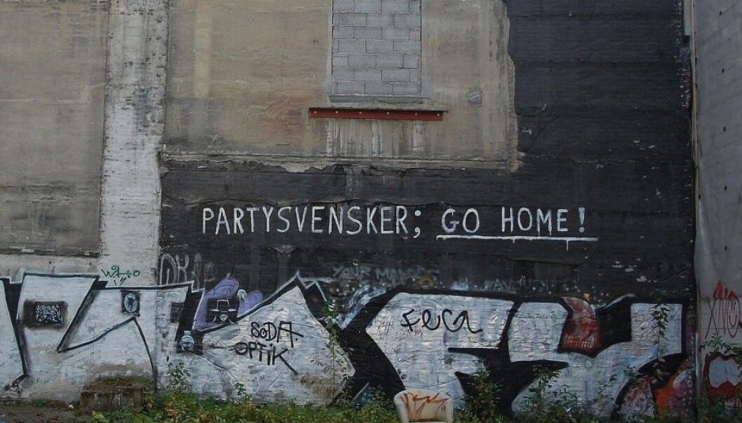 Party Swedes; go home! A clear message left for Swedes on an Oslo wall – but is it funny or racist? The graffiti was left untouched for three years. (Photo: Anne-Sophie Ofrim, made available from Wikimedia Commons under license) Party Swedes; go home! A clear message left for Swedes on an Oslo wall – but is it funny or racist? The graffiti was left untouched for three years. (Photo: Anne-Sophie Ofrim, made available from Wikimedia Commons under license)