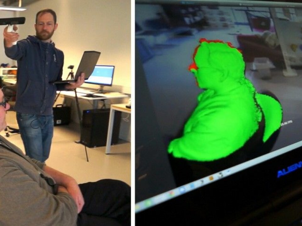 The Kinect game controller has a depth sensor and captures motion, and can be used for fast, rough 3D scanning. (Photo: From video by Arnfinn Christensen)