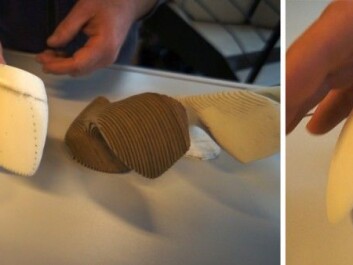 Left: Project stages starting from beluga vertebra, with repeated machining of printed 3D models and new scans. Right: Model of the finished ergonomic computer mouse. (Photo: Arnfinn Christensen) Left: Project stages starting from beluga vertebra, with repeated machining of printed 3D models and new scans. Right: Model of the finished ergonomic computer mouse. (Photo: Arnfinn Christensen)