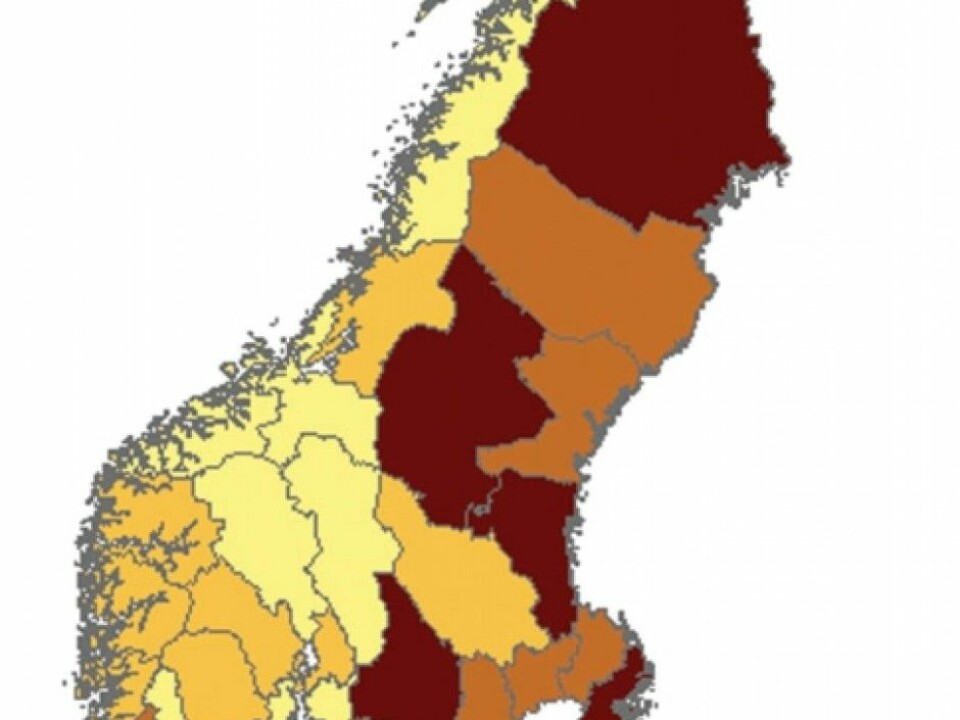 The map shows where ecocentric (dark color) people responded in Sweden and Norway, by county. Swedes see themselves as part of nature, more than the Norwegians do. (Photo: From the study)