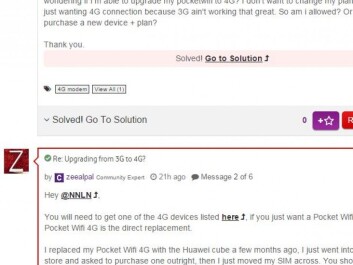An example of online dialogue. A customer wonders how to update to 4G, and receives guidance from another customer. (Photo: (Screenshot of Vodafone)) An example of online dialogue. A customer wonders how to update to 4G, and receives guidance from another customer. (Photo: (Screenshot of Vodafone))