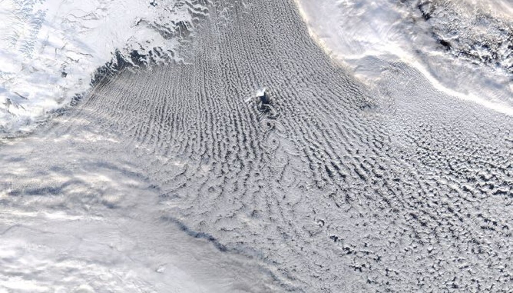 Satellite image showing clouds over the Greenland Sea downstream of the ice edge during conditions where there was a large transfer of heat and moisture from the ocean to the atmosphere. (Photo: NASA) Satellite image showing clouds over the Greenland Sea downstream of the ice edge during conditions where there was a large transfer of heat and moisture from the ocean to the atmosphere. (Photo: NASA)