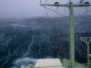 The R/V Knorr in storm conditions near Iceland where there was a large transfer of heat and moisture from the ocean to the atmosphere. (Photo: Kjetil Våge)
