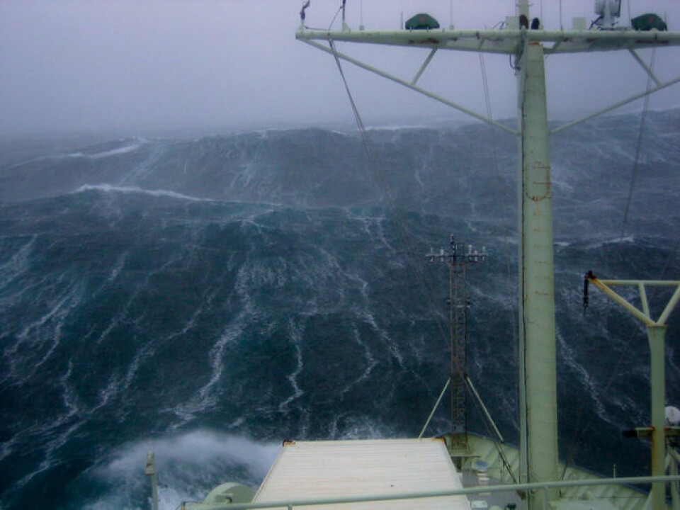 The R/V Knorr in storm conditions near Iceland where there was a large transfer of heat and moisture from the ocean to the atmosphere. (Photo: Kjetil Våge)