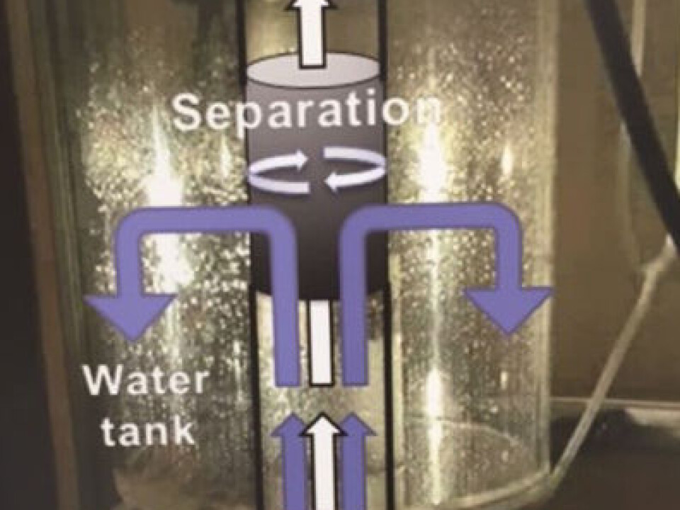 Wet gas flows through the separator. A tubular metal sponge spins rapidly so the liquid is separated from the gas and thrown to the side and down, allowing dry gas to stream up to where you want it. (Illustration: NTNU)