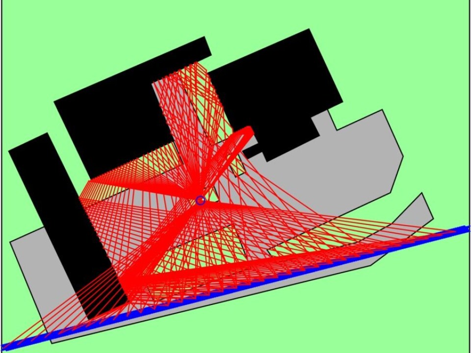 An audio image from a road with traffic (the blue horizontal line) representing how it would sound to a person standing in the centre of the picture (the blue ring). The black images are buildings, while grey represents asphalt and the green areas vegetation. The red lines represent sound paths that indicate the directions that the sound follows from the road to the listener. The diagram also shows lines indicating where sound is reflected and refracted due to the presence of adjacent buildings. (Illustration: Sintef)