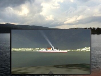 When the user holds the mobile phone in front of the fjord, the same scene displays on the screen with Blücher on the fjord. When the screen is turned, the perspective changes accordingly. This is called augmented reality (AR). (Photo: Gunnar Liestøl) When the user holds the mobile phone in front of the fjord, the same scene displays on the screen with Blücher on the fjord. When the screen is turned, the perspective changes accordingly. This is called augmented reality (AR). (Photo: Gunnar Liestøl)