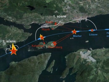 The sinking of Blücher took place in several stages, some fast, others taking longer. This required solutions for the mobile app, which uses narratology theories developed by Gérard Genette around 1980. (Figure: Gunnar Liestøl) The sinking of Blücher took place in several stages, some fast, others taking longer. This required solutions for the mobile app, which uses narratology theories developed by Gérard Genette around 1980. (Figure: Gunnar Liestøl)