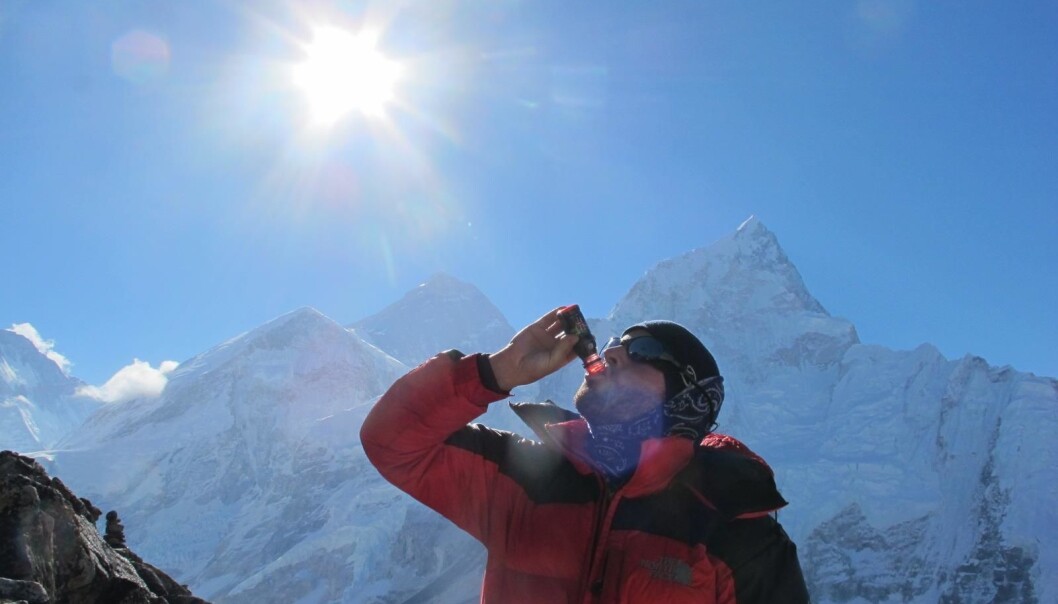 Drinking beet juice can help the human body cope with high altitudes. Here, a study subject drinks beet juice with Mt. Everest in the background. (Photo: Harald Engan, Mid Sweden University) Drinking beet juice can help the human body cope with high altitudes. Here, a study subject drinks beet juice with Mt. Everest in the background. (Photo: Harald Engan, Mid Sweden University)