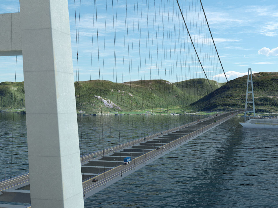 The new, ferry-free E39 vil include lots of bridges. This bridge is planned over Sognefjorden. (Illustration: Norwegian Public Roads Administration, Vianova)