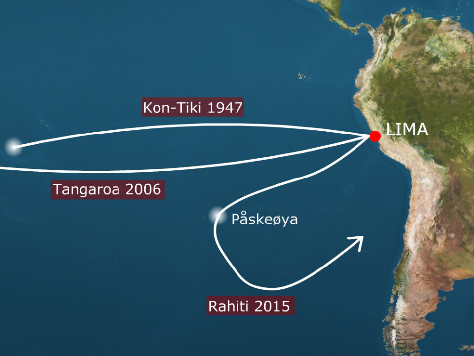 Kon-Tiki 1947 shows the route Thor Heyerdahl and his crew sailed in 1947, from Limas harbour town Callao to Raroia in Polynesia. Tangaroa 2006 is the route Torgeir Sæverud Higraff saild in Heyderdahls waters in 2006, a raft that was also built in balsa wood. Tangaroa arrived in Raroia 31 days faster than Kon-Tiki. Rahiti is the route scheduled for winter 2015-2016. The expedition, that will be lead by Higraff, will turn at Easter Island and sail back to South America. (Montage: forskning.no)