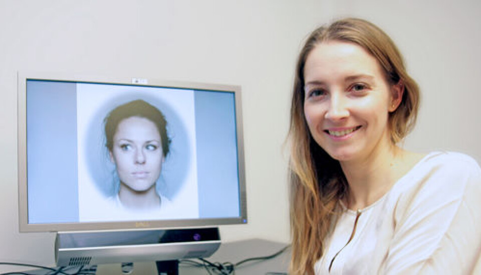 PhD Candidate Olga Chelnokova together with one of the faces that the participants assessed. (Photo: Svein Harald Milde and Guro Løseth)