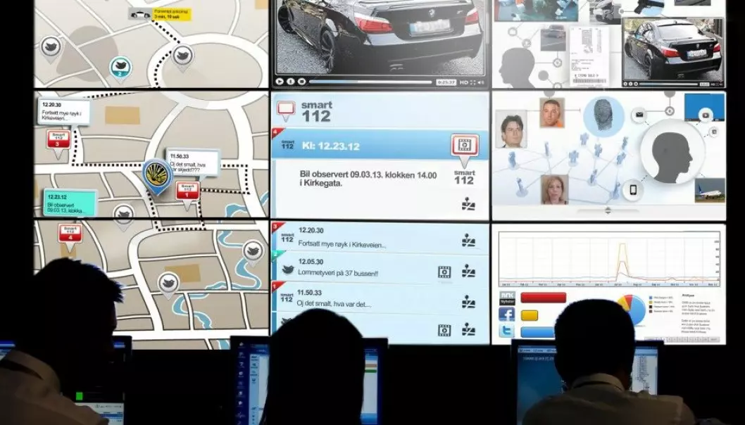 Here’s how researchers think computer tools will help police do their job. Risk areas on digital maps, linked to information on social media, surveillance cameras and other databases, will all be combined and visible on a big screen at the operations centre. (Illustration: Birgitte Blandhoel, Norwegian Board of Technology)