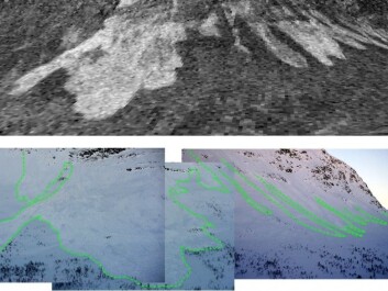 The pictures show the same avalanche area as recorded by radar imagery and by a conventional camera out in the field. The conventional photographs confirm what the radar images suggest, which is that there was an actual avalanche. (Picture: Norut) The pictures show the same avalanche area as recorded by radar imagery and by a conventional camera out in the field. The conventional photographs confirm what the radar images suggest, which is that there was an actual avalanche. (Picture: Norut)