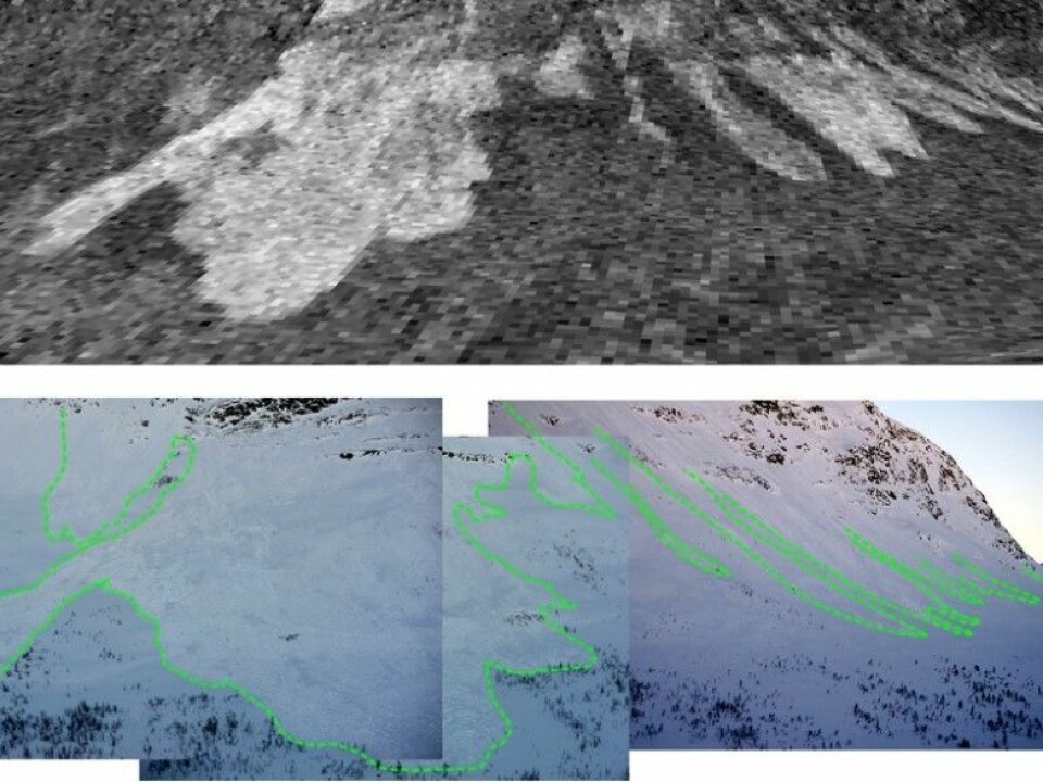 The pictures show the same avalanche area as recorded by radar imagery and by a conventional camera out in the field. The conventional photographs confirm what the radar images suggest, which is that there was an actual avalanche. (Picture: Norut)