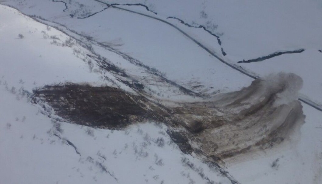 The large glide avalanche that released in Kvassdalen, Norway on 8 April 2015. You can see the road at the bottom of the valley, and the avalanche was about 100 meters wide. Eight meters of snow ended up on the road. (Photo: NPRA) The large glide avalanche that released in Kvassdalen, Norway on 8 April 2015. You can see the road at the bottom of the valley, and the avalanche was about 100 meters wide. Eight meters of snow ended up on the road. (Photo: NPRA)