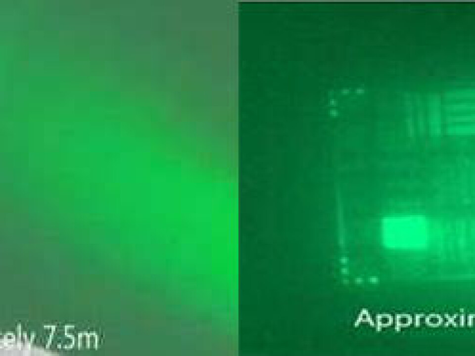 Detail of the first prototype camera showing the aperture from which a laser beam is emitted (right). The camera aperture is shown on the left. (Photo: SINTEF)