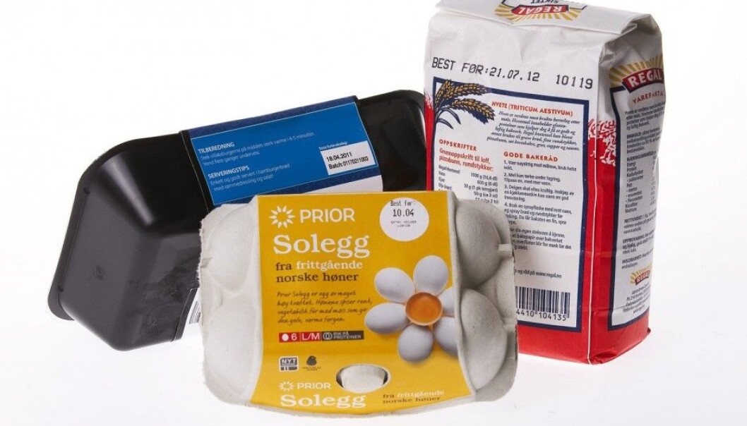 Most packaged foods have date stamps on them. Here, eggs and flour are both labelled with “Best before” dates, while meat has a “Use by” date marked on it. Eggs are edible long after their date stamps, and flour has a shelf life of several years, if it is stored in a dry place. But you must be very careful about eating ground beef after its “Use by” date has passed. (Photo: Mattis Sandblad, VG, NTB scanpix) Most packaged foods have date stamps on them. Here, eggs and flour are both labelled with “Best before” dates, while meat has a “Use by” date marked on it. Eggs are edible long after their date stamps, and flour has a shelf life of several years, if it is stored in a dry place. But you must be very careful about eating ground beef after its “Use by” date has passed. (Photo: Mattis Sandblad, VG, NTB scanpix)