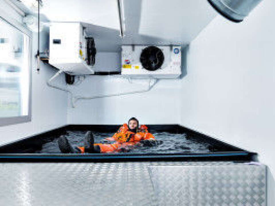 The picture is taken in SINTEF Work Physiological Laboratory, during testing of a new survival suit. In this lab are physiological data from several hundred attempts stored. (Photo: Geir Mogen)