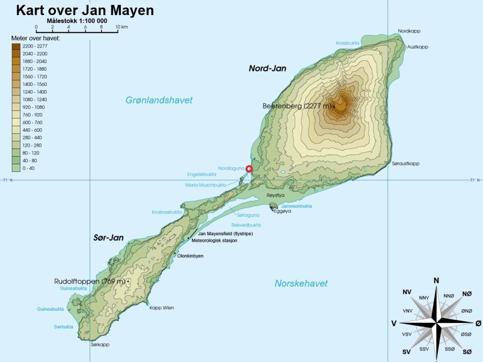 Atlantic City was located on the northern shores of Nordlaguna, shown here with a red ring.(Map: Gemini/NTNU.)