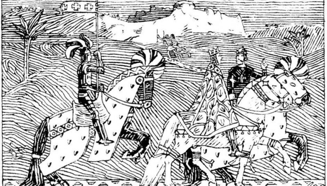 Sigurd I Magnusson riding with King Baldwin I of Jerusalem around 1110. (Illustration: Snorri Sturluson - Heimskringla, J.M. Stenersen & Co., 1899) Sigurd I Magnusson riding with King Baldwin I of Jerusalem around 1110. (Illustration: Snorri Sturluson - Heimskringla, J.M. Stenersen & Co., 1899)