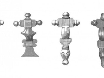Cross-shaped brooches from the Iron Age varied in appearance based on where in Norway they came from. From left to right, brooches from Hå in Rogaland County, Sogndal in Sogn og Fjordane County, Klepp in Rogaland County, Førde in Sogn og Fjordane County, an unknown location,and Voss in Hordaland County. (Drawings: Haakon Schetelig: The Cruciform Brooches of Norway, 1906 and Oluf Rygh: Norwegian Oldsager, 1885. The drawings are in the public domain.) Cross-shaped brooches from the Iron Age varied in appearance based on where in Norway they came from. From left to right, brooches from Hå in Rogaland County, Sogndal in Sogn og Fjordane County, Klepp in Rogaland County, Førde in Sogn og Fjordane County, an unknown location,and Voss in Hordaland County. (Drawings: Haakon Schetelig: The Cruciform Brooches of Norway, 1906 and Oluf Rygh: Norwegian Oldsager, 1885. The drawings are in the public domain.)