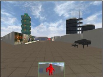 This screen dump shows a person approaching the goal in the virtual locale used in the test. (Graphics: Asta Håberg) This screen dump shows a person approaching the goal in the virtual locale used in the test. (Graphics: Asta Håberg)