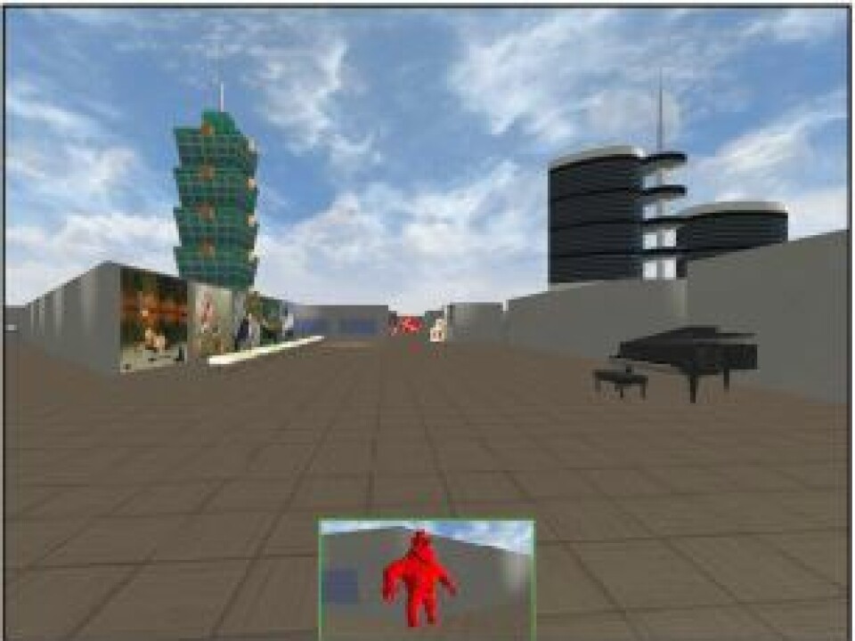 This screen dump shows a person approaching the goal in the virtual locale used in the test. (Graphics: Asta Håberg)
