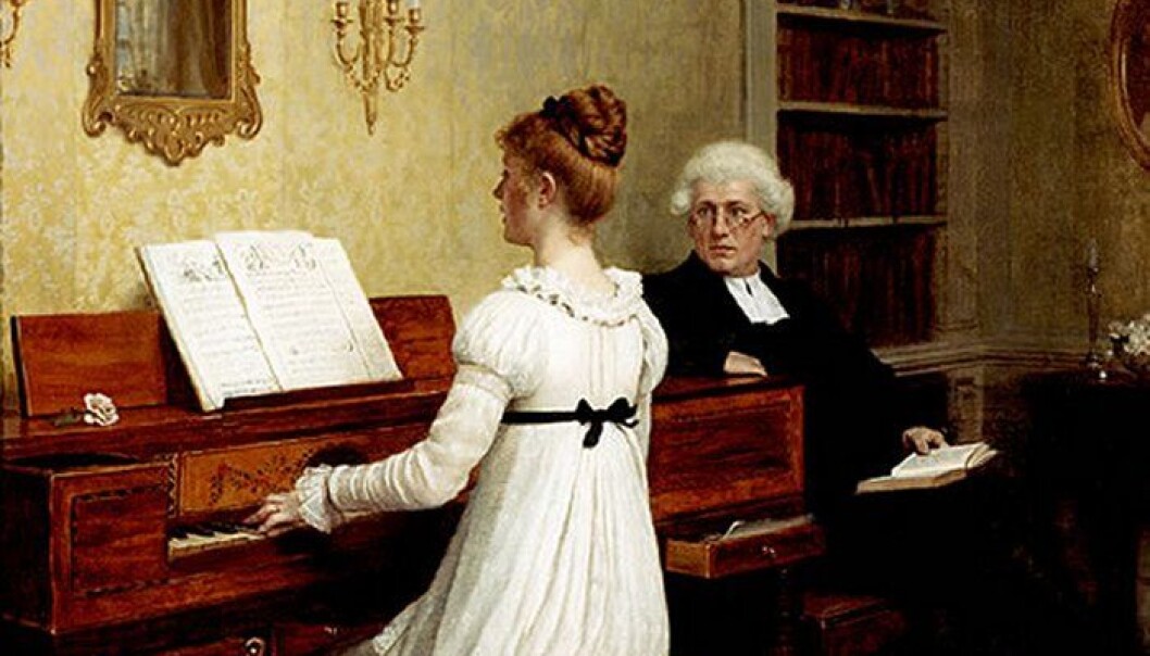 The norm that young cultured women from the bourgeoisie played the piano spread across Europe in the nineteenth century. The painting ”The piano lesson” is from 1896, painted by the British artist Edmund Blair Leighton. (Wikimedia commons.) The norm that young cultured women from the bourgeoisie played the piano spread across Europe in the nineteenth century. The painting ”The piano lesson” is from 1896, painted by the British artist Edmund Blair Leighton. (Wikimedia commons.)