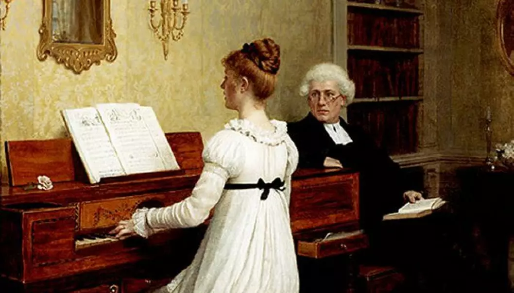 The norm that young cultured women from the bourgeoisie played the piano spread across Europe in the nineteenth century. The painting ”The piano lesson” is from 1896, painted by the British artist Edmund Blair Leighton. (Wikimedia commons.)