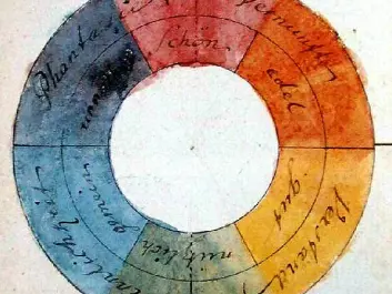 Colour wheel designed by Goethe, attributing various symbolic values to the colours. (Illustration: Johann Wolfgang von Goethe / wikimedia commons.)