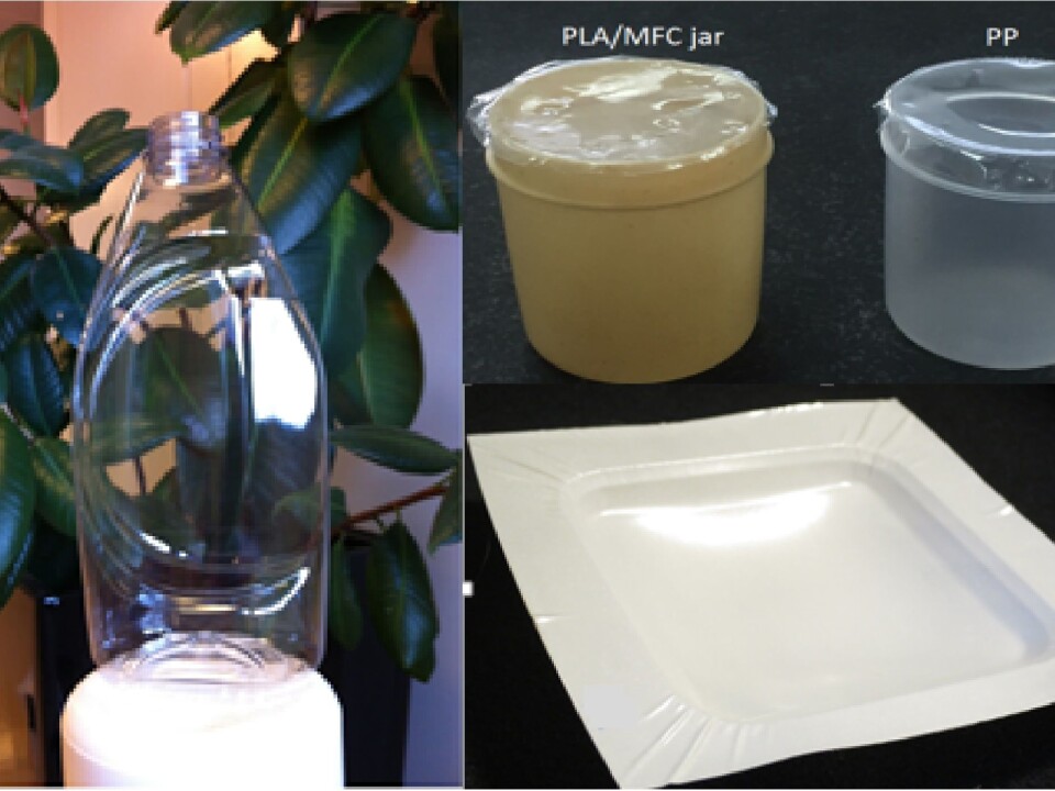 A blow-moulded bottle, pots designed to hold seafoods and a cellulose-based film used as food bowl, are three of the prototypes in the project. (Photo: SINTEF)