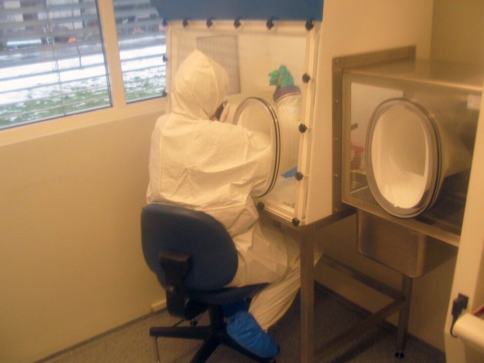 Examining a sample in FFI’s sealed glove box. (Photo: FFI)