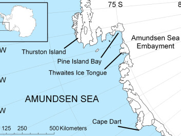 The Amundsen Sea continental shelf spans about 315000 square kilometers and extends approximately 300 kilometers in an east-west direction. (Map: Polargeo/Wikimedia commons.) The Amundsen Sea continental shelf spans about 315000 square kilometers and extends approximately 300 kilometers in an east-west direction. (Map: Polargeo/Wikimedia commons.)