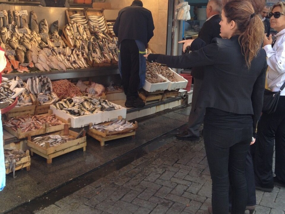 Gülin Kan from Innovasjon Norge og scientist Ingrid Kvalvik from Nofima inspecting a fishmonger in Turkey. (Photo: Gøril Voldnes/Nofima)