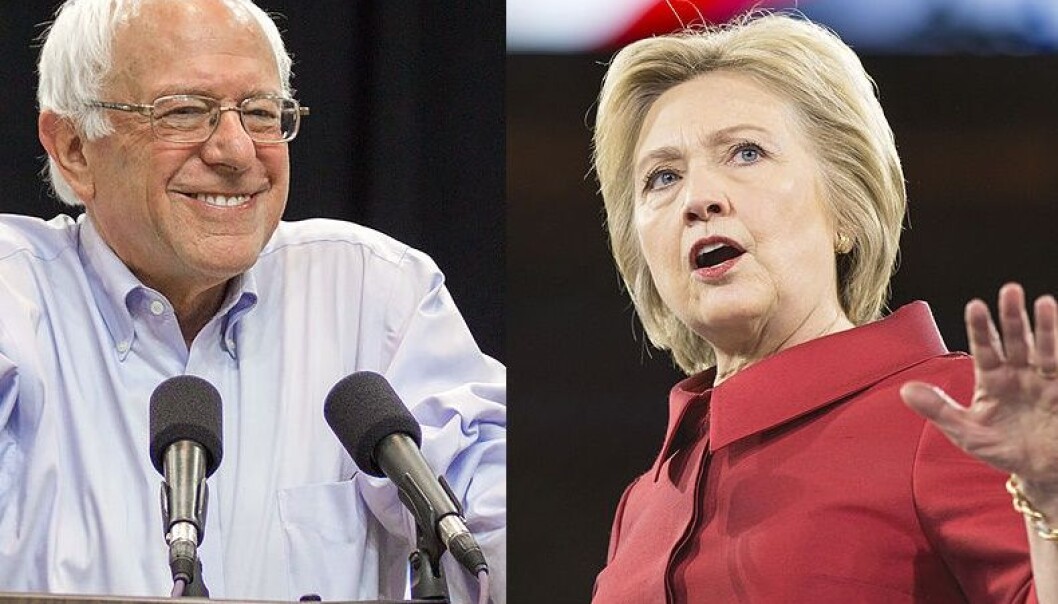 Usually US presidential candidates move more toward the political centre after a national convention, but Bernie Sanders wants Hillary Clinton to move more to the left. (Photo: Nick Solari/Wikimedia commons and lorie shaull/Wikimedia commons - edited by sciencenordic.com) Usually US presidential candidates move more toward the political centre after a national convention, but Bernie Sanders wants Hillary Clinton to move more to the left. (Photo: Nick Solari/Wikimedia commons and lorie shaull/Wikimedia commons - edited by sciencenordic.com)