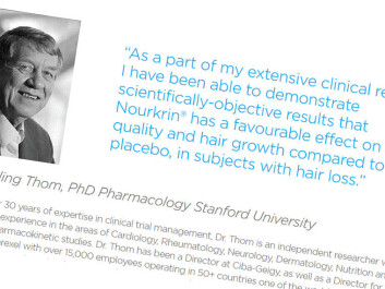 Screenshots from the Nourkrin website, which is a hair-growth product and one of the substances that Thom has studied. Here Thom promises scientifically proven efficacy. (Screenshot from the Pharma Medico website) Screenshots from the Nourkrin website, which is a hair-growth product and one of the substances that Thom has studied. Here Thom promises scientifically proven efficacy. (Screenshot from the Pharma Medico website)