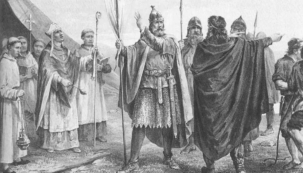 An artist’s depiction of Olaf Tryggvason when he became king of Norway in 995 AD. Tryggvason is known for converting Norwegians to Christianity, often through violence or threats. He took hostages more than once to get his way. (Graphic art: Peter Nicolai Arbo [1831-1892])