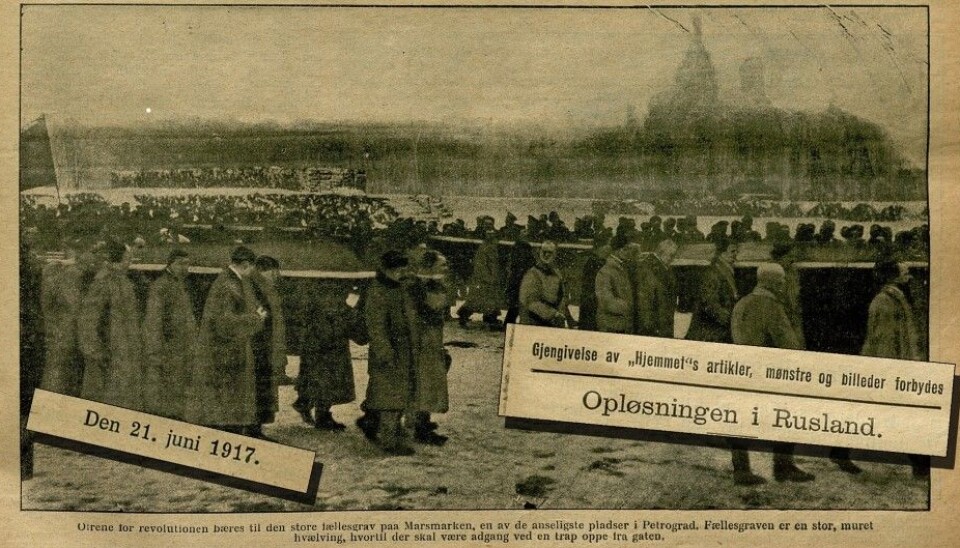 The magazine 'Hjemmet' was constantly updating its readers on the Russian revolution. This is the front page from the 21st of June in 1917. The image shows victims of the revolution being carried to a mass grave in St. Petersurg, then known as Petrograd. (Photo montage: National Library of Norway/forskning.no)
